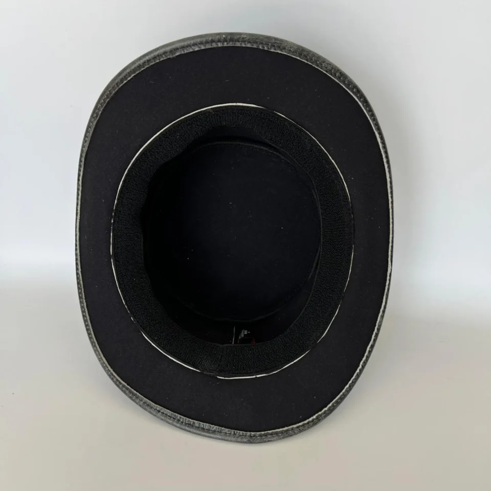 Black Handmade Leather Steampunk Top Hat Style 092 detail view - black steampunk top hat with structured crown