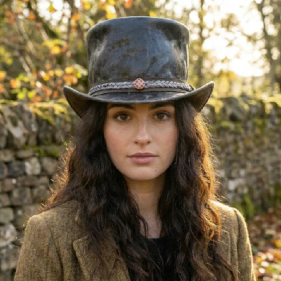 Black Handmade Leather Steampunk Top Hat Style 092 front view - black steampunk top hat with structured crown