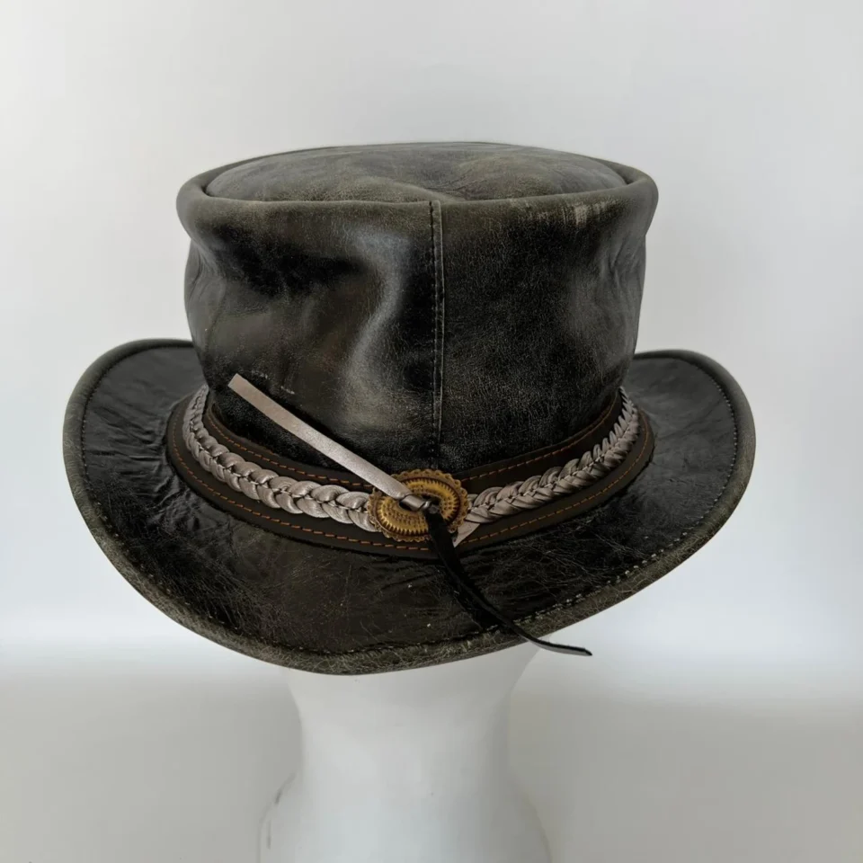 Black Handmade Leather Steampunk Top Hat Style 092 gallery view 06 - black steampunk top hat with structured crown