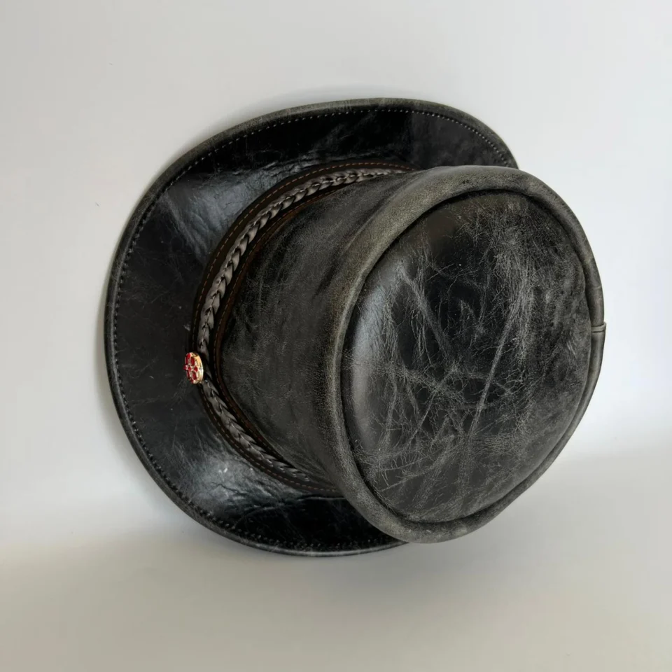 Black Handmade Leather Steampunk Top Hat Style 092 gallery view 08 - black steampunk top hat with structured crown