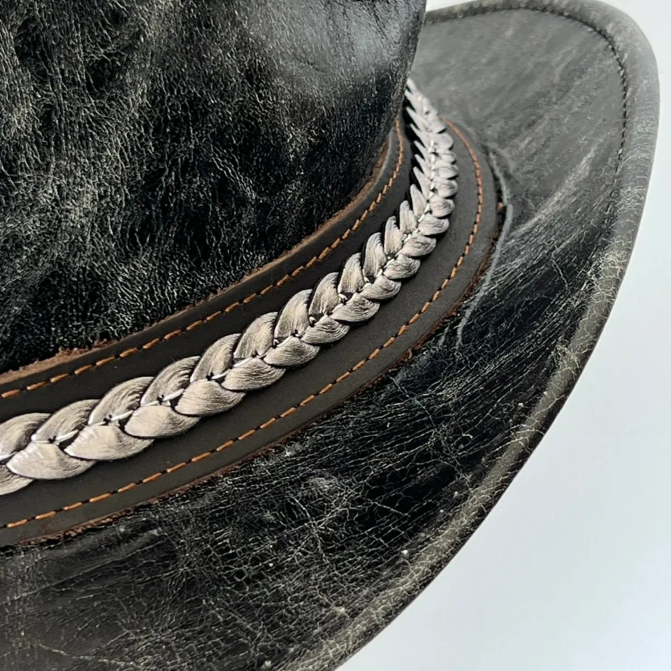 Black Handmade Leather Steampunk Top Hat Style 092 side view - black steampunk top hat with structured crown