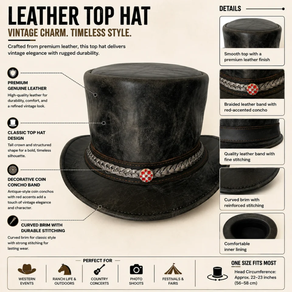 Black Handmade Leather Steampunk Top Hat Style 092 three quarter view - black steampunk top hat with structured crown
