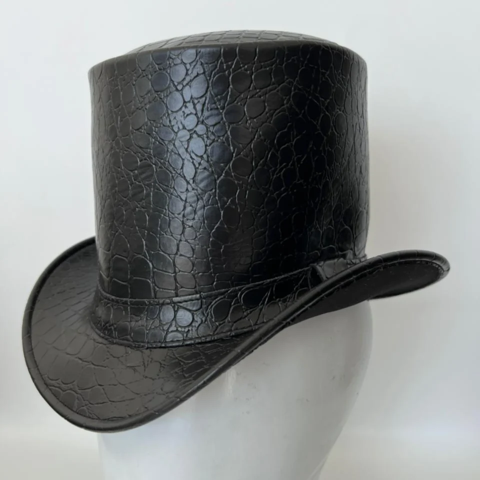 Black Handmade Leather Steampunk Top Hat Style 098 back view - black steampunk top hat with structured crown