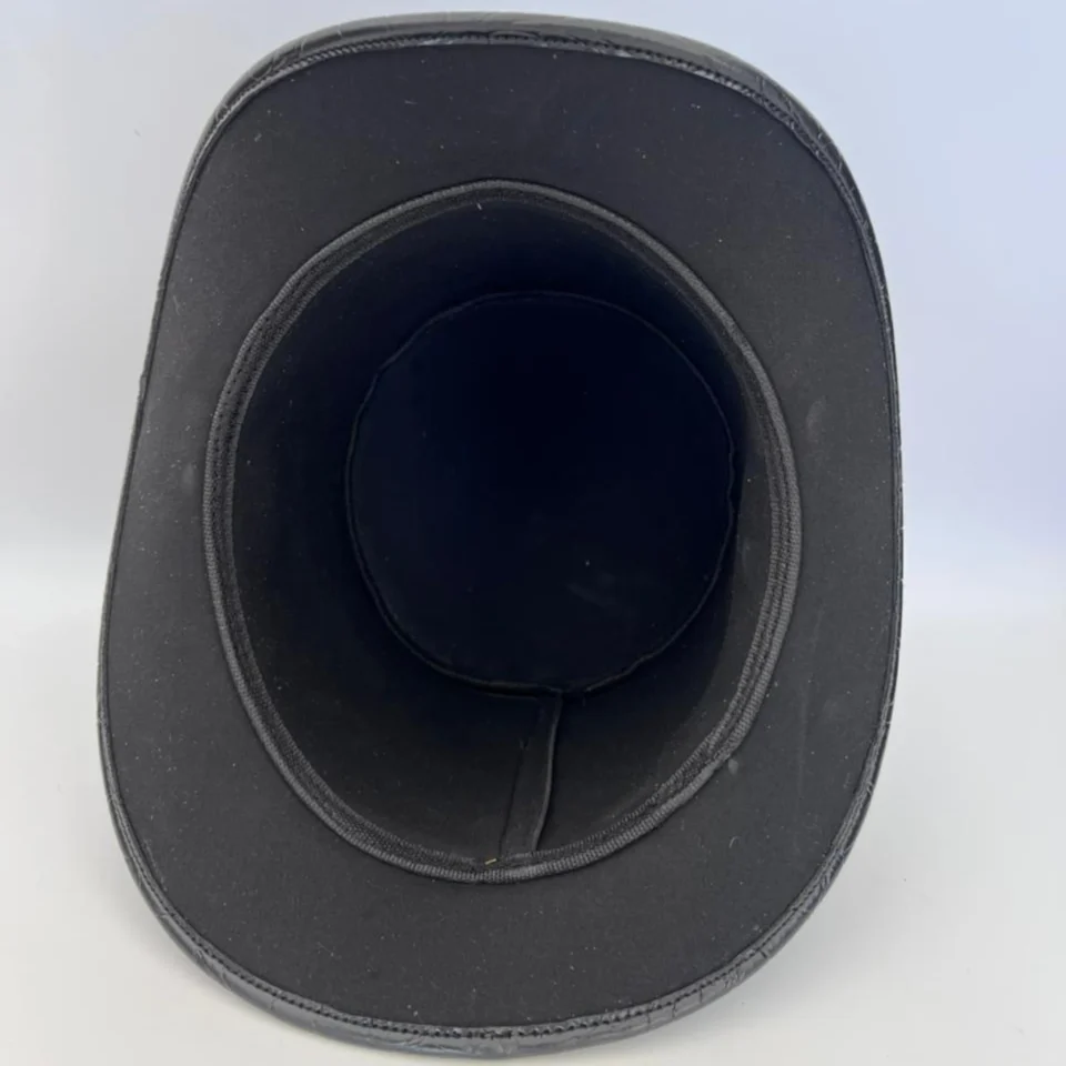 Black Handmade Leather Steampunk Top Hat Style 098 detail view - black steampunk top hat with structured crown