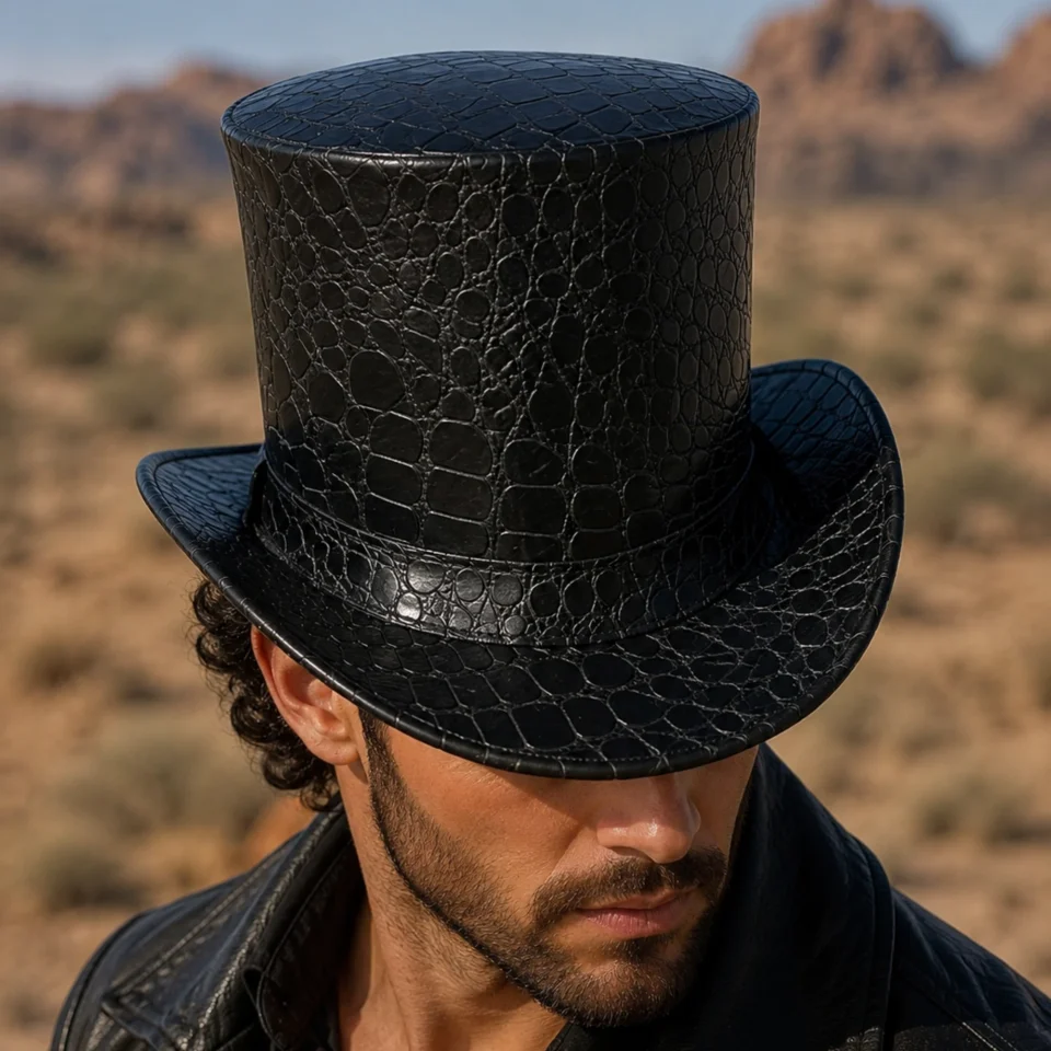 Black Handmade Leather Steampunk Top Hat Style 098 front view - black steampunk top hat with structured crown