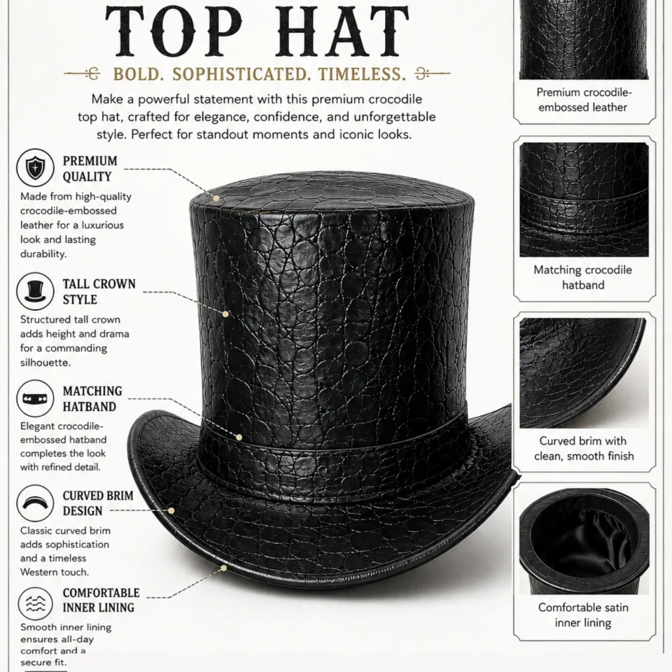 Black Handmade Leather Steampunk Top Hat Style 098 three quarter view - black steampunk top hat with structured crown