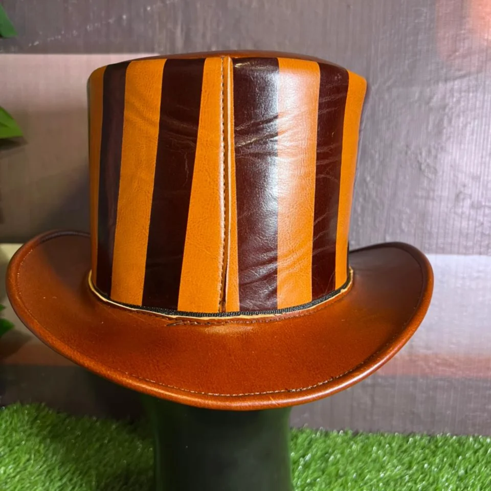 Black Handmade Leather Steampunk Top Hat Style 101 back view - black steampunk top hat with structured crown