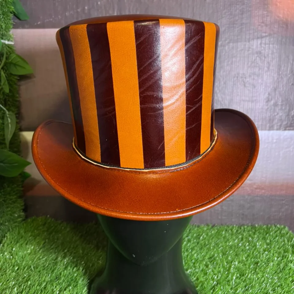 Black Handmade Leather Steampunk Top Hat Style 101 detail view - black steampunk top hat with structured crown