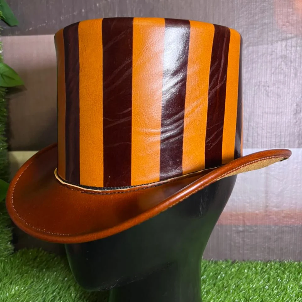Black Handmade Leather Steampunk Top Hat Style 101 three quarter view - black steampunk top hat with structured crown