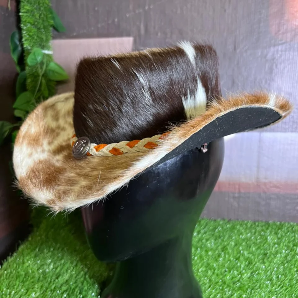 Cowhide Western Hat with Orange Cream Braided Band gallery view 5 - brown, black, and cream cowhide western hat with orange and cream braided band