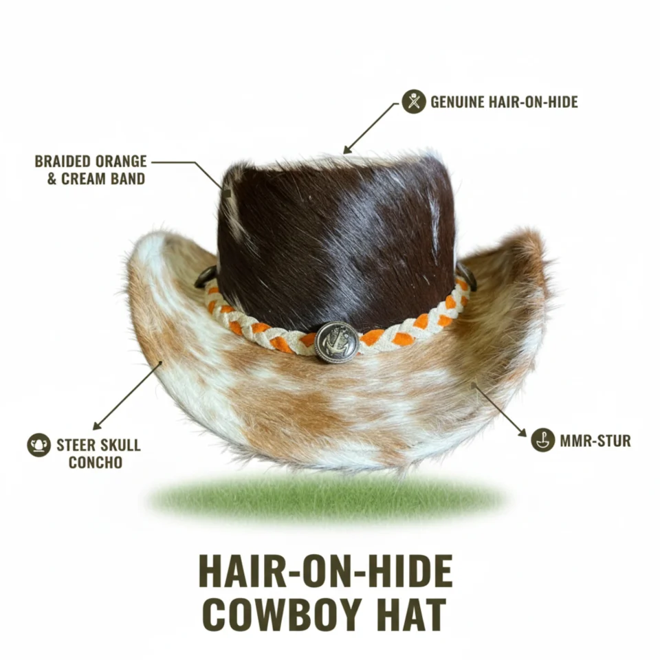 Cowhide Western Hat with Orange Cream Braided Band three-quarter view - brown, black, and cream cowhide western hat with orange and cream braided band
