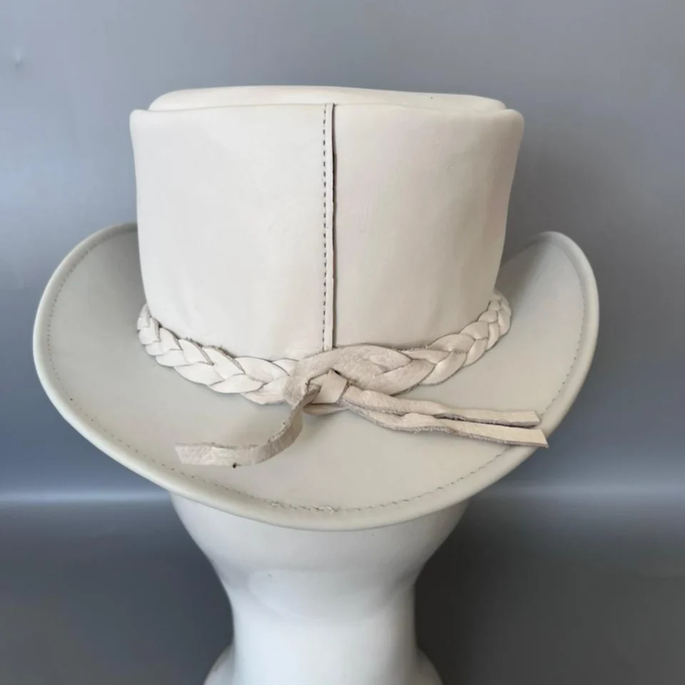 White Top Hat with Braided Band back view - white top hat with white braided band