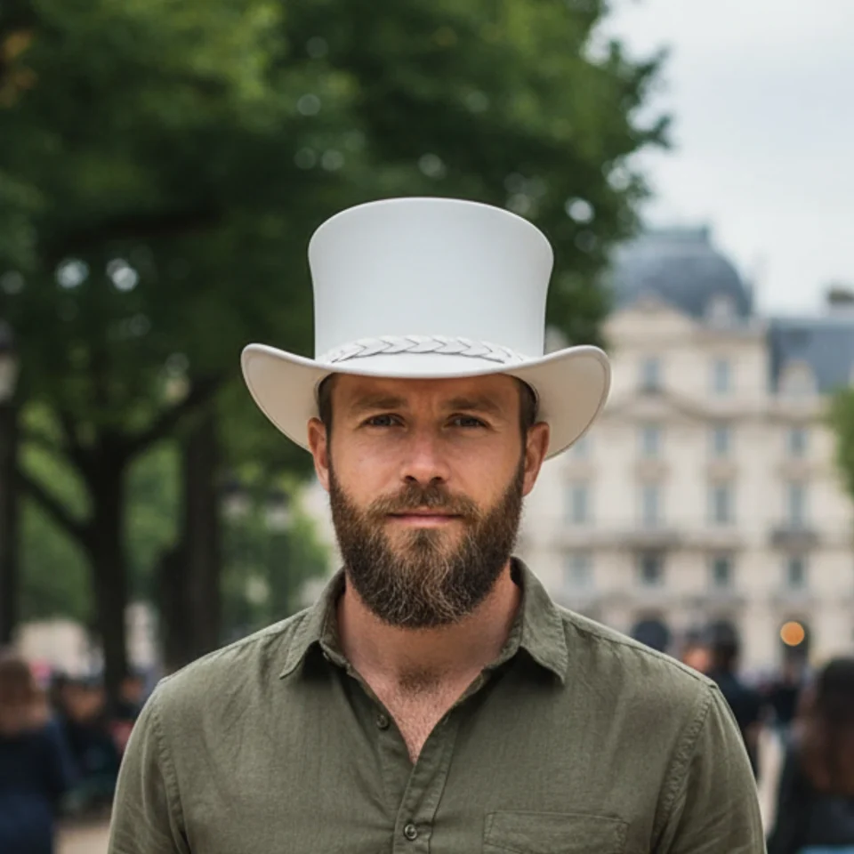 White Top Hat with Braided Band front view - white top hat with white braided band