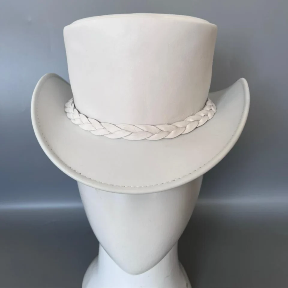 White Top Hat with Braided Band side view - white top hat with white braided band