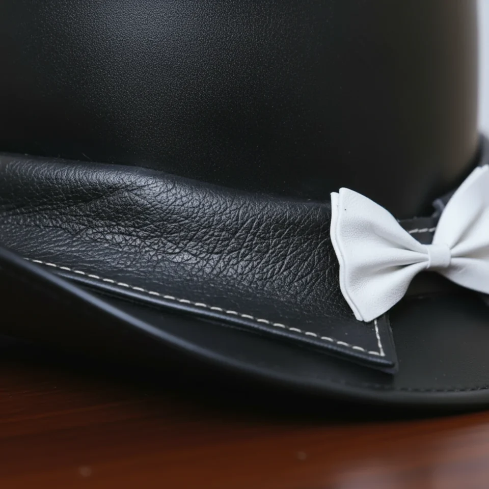 Black Handmade Leather Steampunk Top Hat Style 161 back view - black steampunk top hat with structured crown