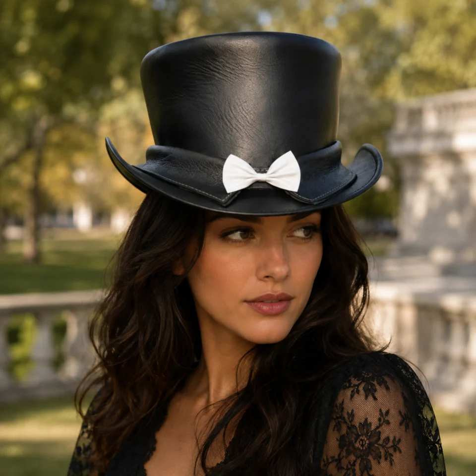 Black Handmade Leather Steampunk Top Hat Style 161 front view - black steampunk top hat with structured crown