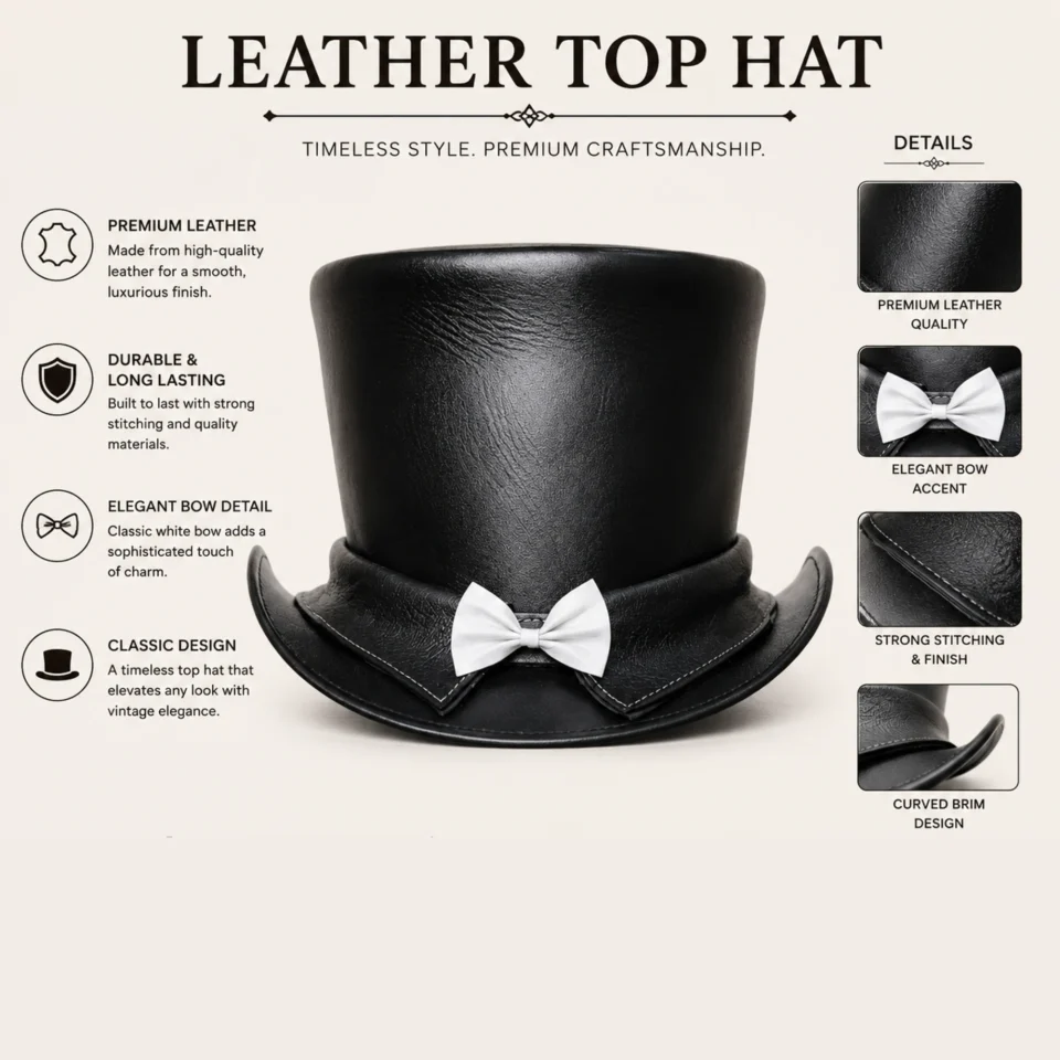 Black Handmade Leather Steampunk Top Hat Style 161 three quarter view - black steampunk top hat with structured crown