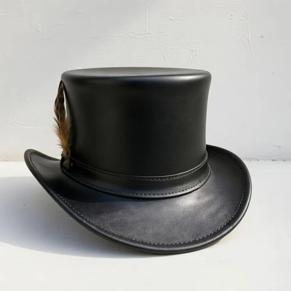 Black Handmade Leather Steampunk Top Hat Style 179 back view - black steampunk top hat with structured crown