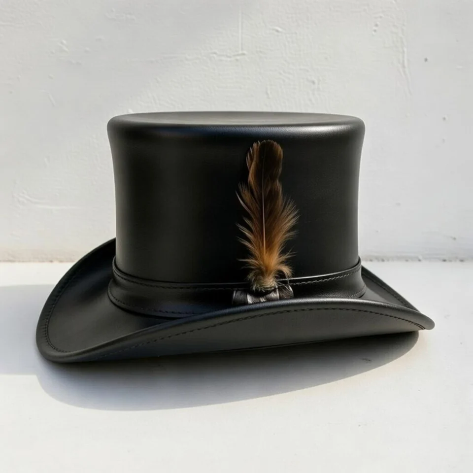 Black Handmade Leather Steampunk Top Hat Style 179 detail view - black steampunk top hat with structured crown