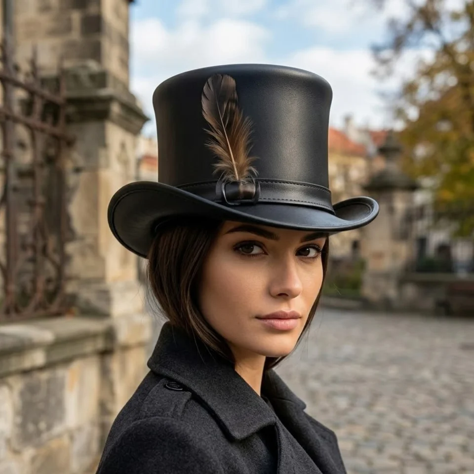 Black Handmade Leather Steampunk Top Hat Style 179 front view - black steampunk top hat with structured crown