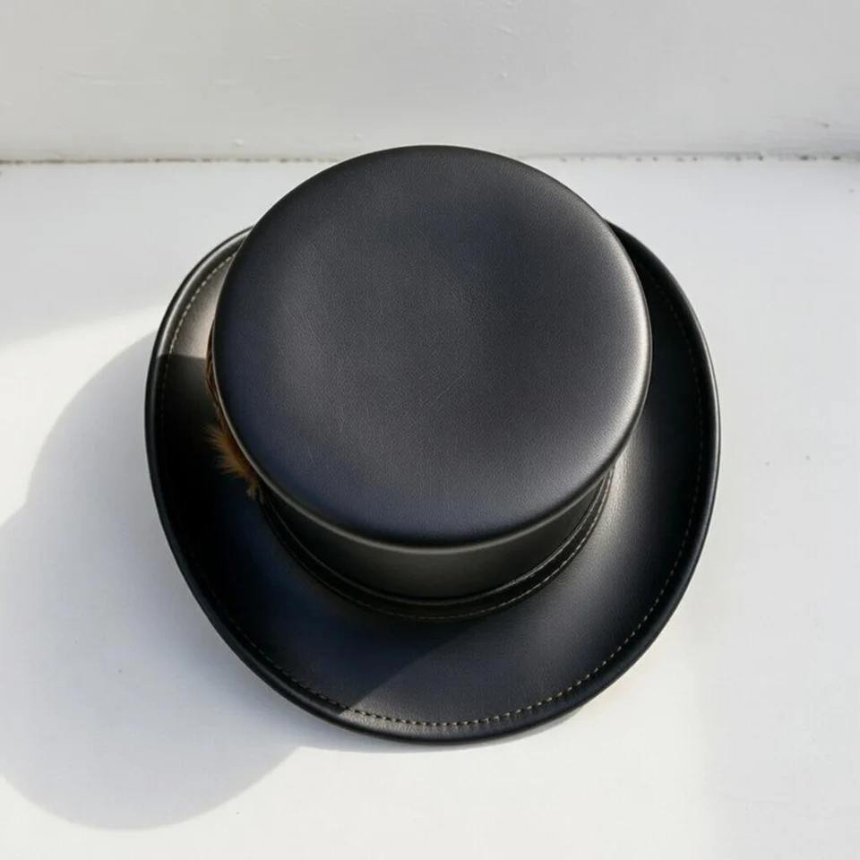 Black Handmade Leather Steampunk Top Hat Style 179 gallery view 05 - black steampunk top hat with structured crown
