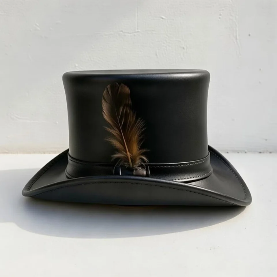 Black Handmade Leather Steampunk Top Hat Style 179 side view - black steampunk top hat with structured crown