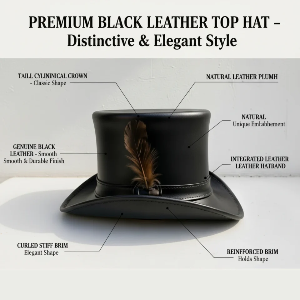 Black Handmade Leather Steampunk Top Hat Style 179 three quarter view - black steampunk top hat with structured crown
