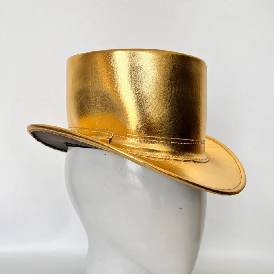 Black Handmade Leather Steampunk Top Hat Style 194 back view - black steampunk top hat with structured crown