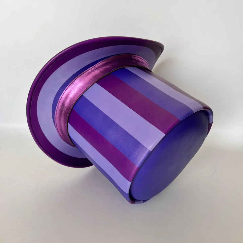 Purple Striped Top Hat back view - purple with black brim/interior tall top hat / western top hat