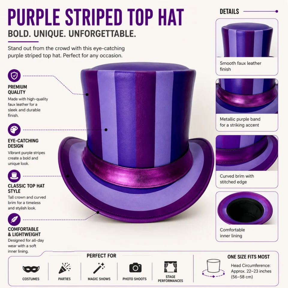 Purple Striped Top Hat three-quarter view - purple with black brim/interior tall top hat / western top hat