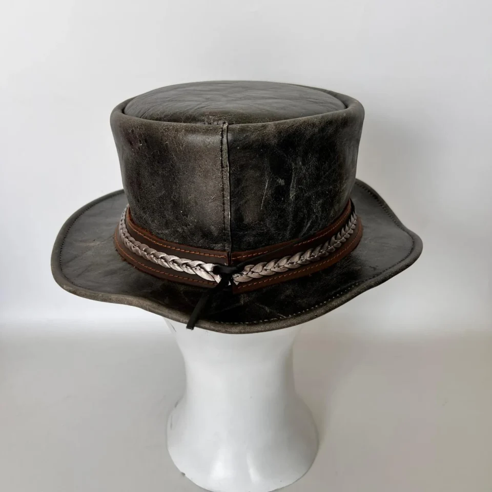 Distressed Black Top Hat with Braided Band back view - distressed black / gray tall top hat / western top hat