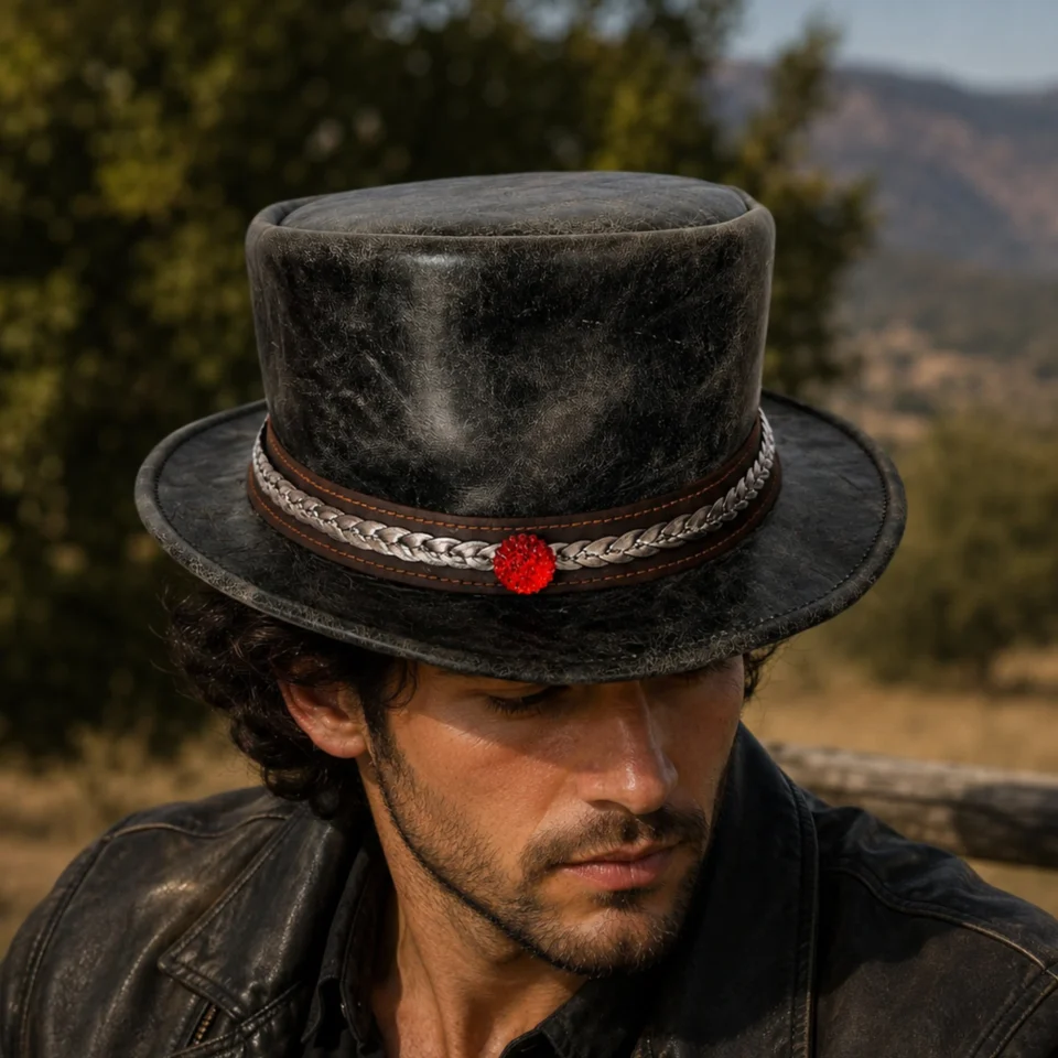 Distressed Black Top Hat with Braided Band front view - distressed black / gray tall top hat / western top hat
