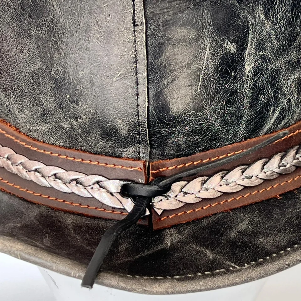 Distressed Black Top Hat with Braided Band side view - distressed black / gray tall top hat / western top hat