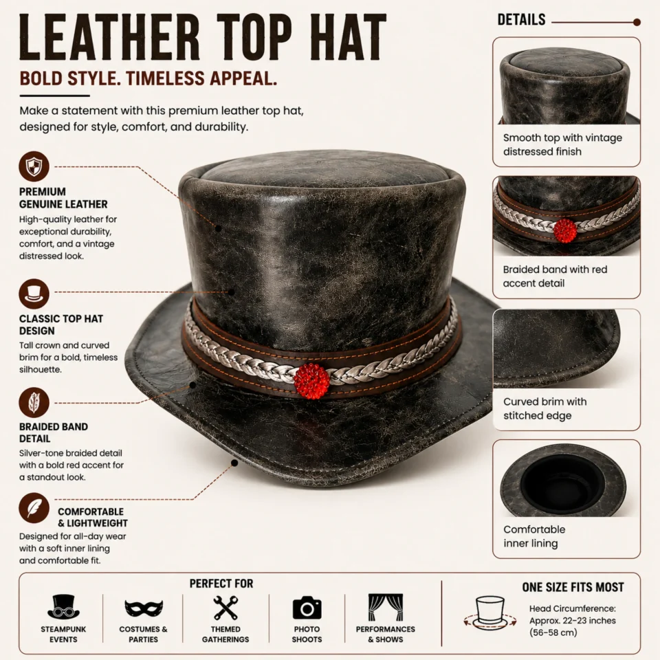 Distressed Black Top Hat with Braided Band three-quarter view - distressed black / gray tall top hat / western top hat