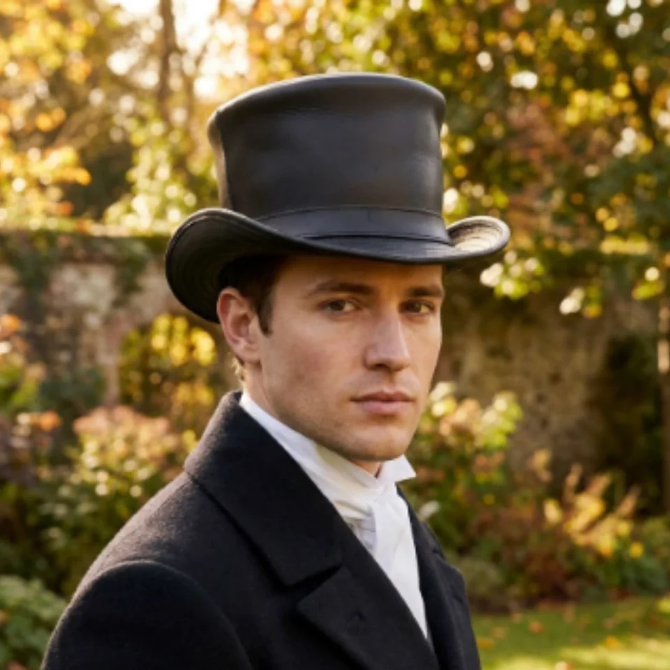 Refined Black Leather-Look Top Hat front view - black / dark charcoal tall top hat / western top hat