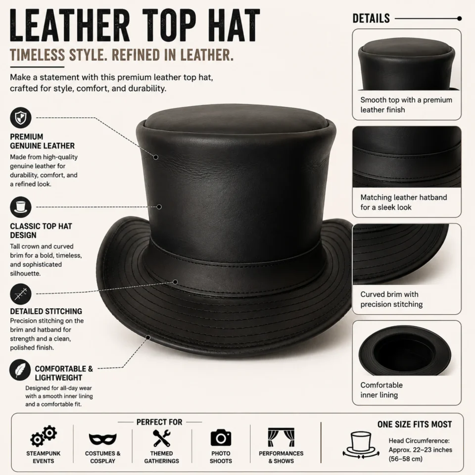 Refined Black Leather-Look Top Hat three-quarter view - black / dark charcoal tall top hat / western top hat