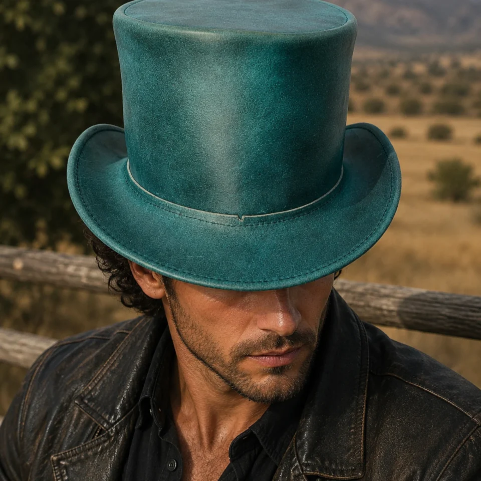 Teal Leather-Look Top Hat front view - teal / turquoise tall top hat / western top hat
