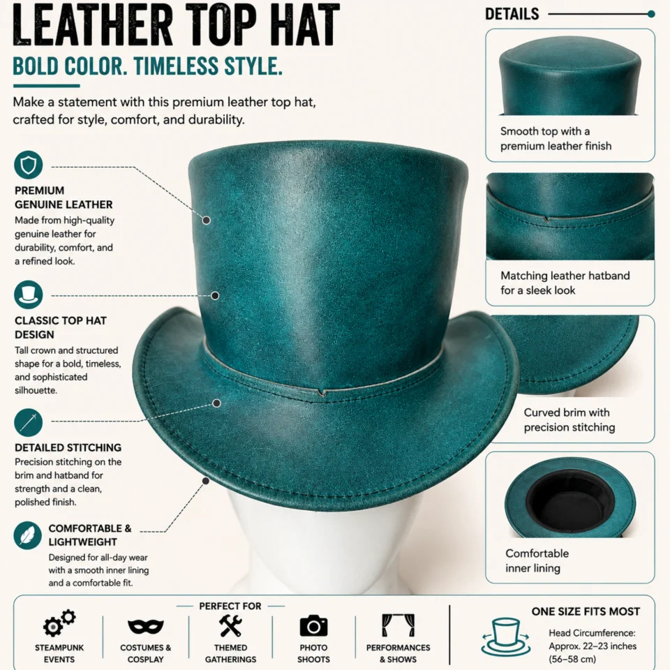 Teal Leather-Look Top Hat three-quarter view - teal / turquoise tall top hat / western top hat