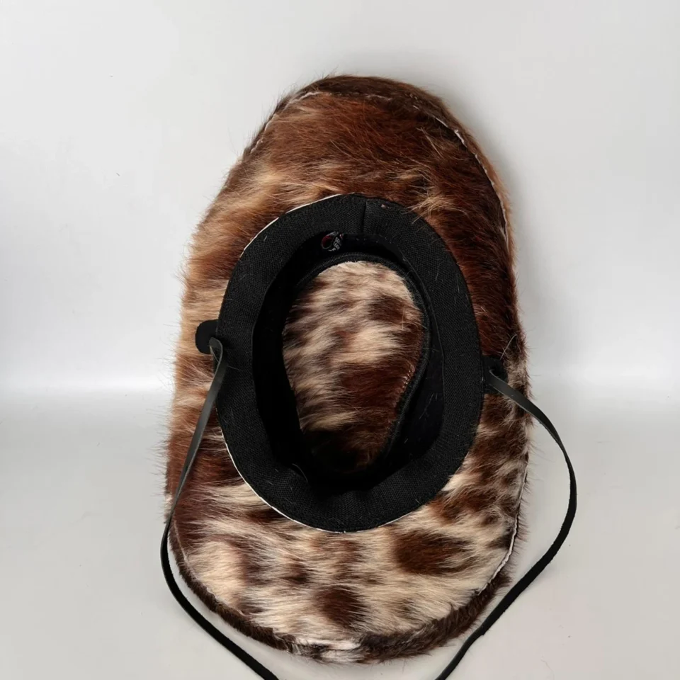 Patchwork Cowhide Western Top Hat detail view - brown white and black cowhide pattern western top hat / cowhide hat