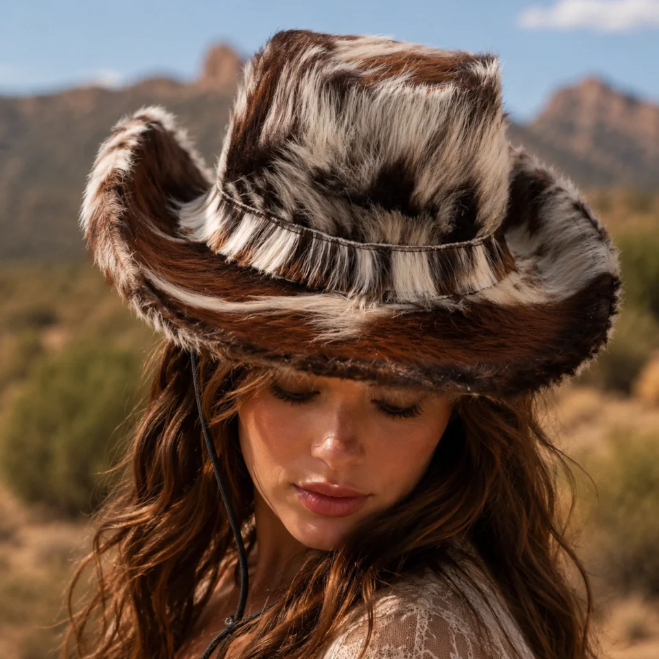 Patchwork Cowhide Western Top Hat front view - brown white and black cowhide pattern western top hat / cowhide hat