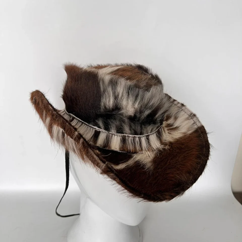 Patchwork Cowhide Western Top Hat gallery view 7 - brown white and black cowhide pattern western top hat / cowhide hat