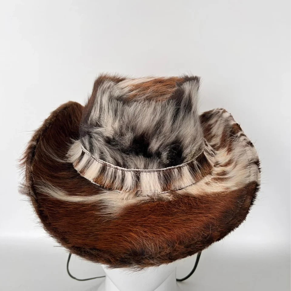 Patchwork Cowhide Western Top Hat gallery view 8 - brown white and black cowhide pattern western top hat / cowhide hat