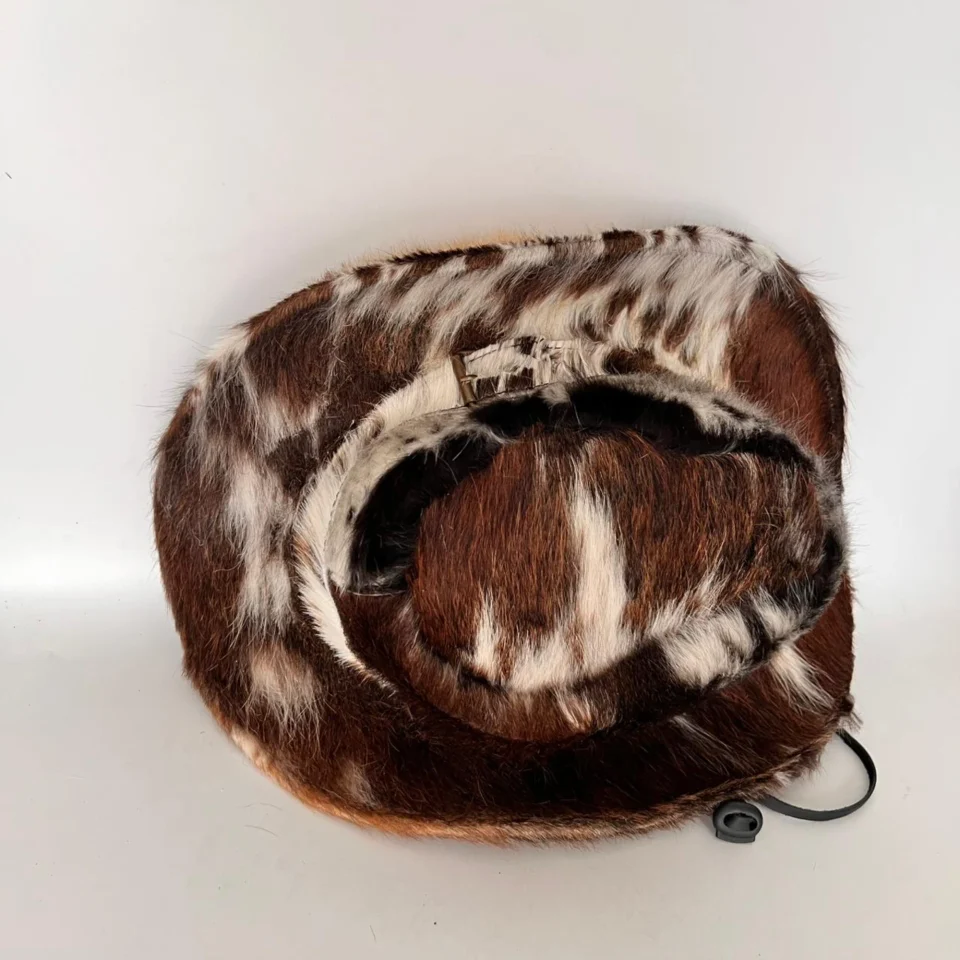 Patchwork Cowhide Western Top Hat gallery view 9 - brown white and black cowhide pattern western top hat / cowhide hat