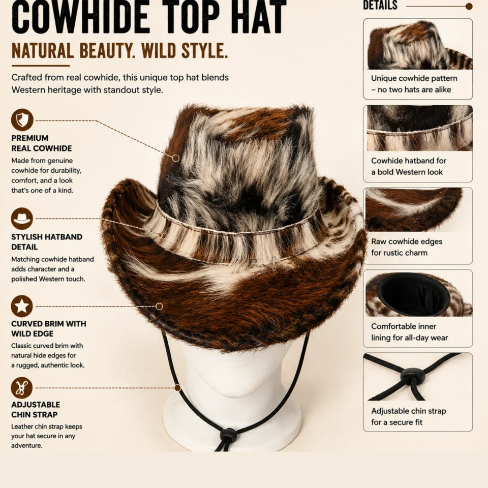 Patchwork Cowhide Western Top Hat three-quarter view - brown white and black cowhide pattern western top hat / cowhide hat