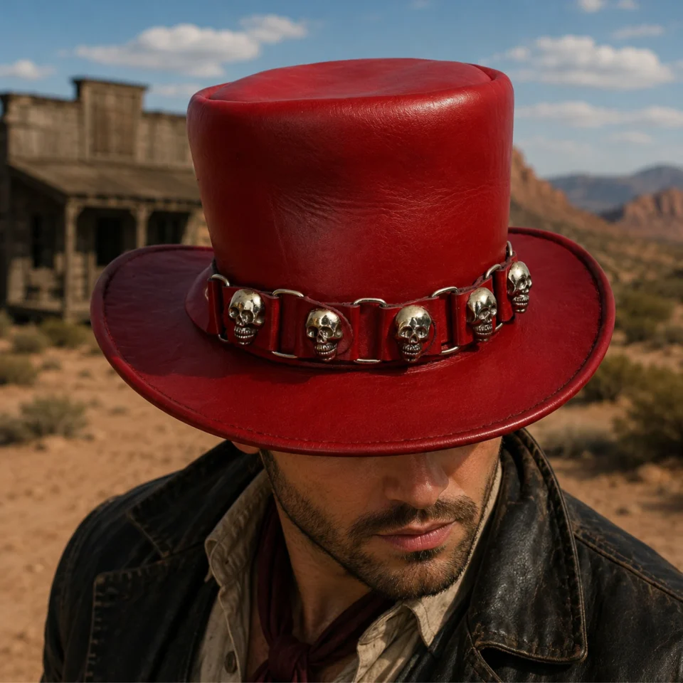 Red Skull Accent Top Hat front view - red tall top hat / western top hat