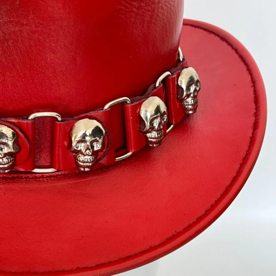 Red Skull Accent Top Hat side view - red tall top hat / western top hat