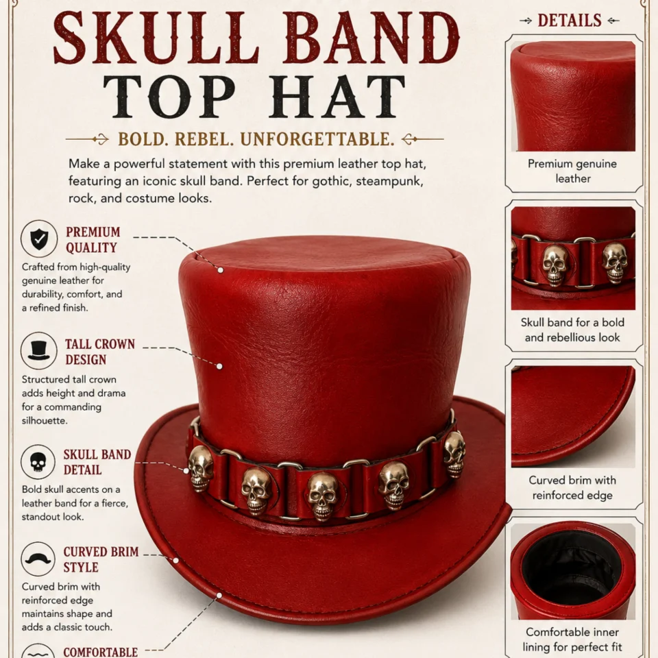 Red Skull Accent Top Hat three-quarter view - red tall top hat / western top hat