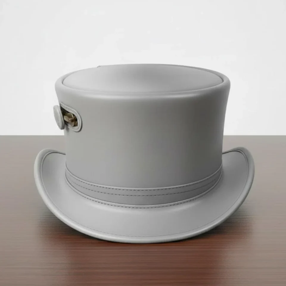 Gray Top Hat with Zipper Detail back view - gray / silver-black tall top hat / western top hat