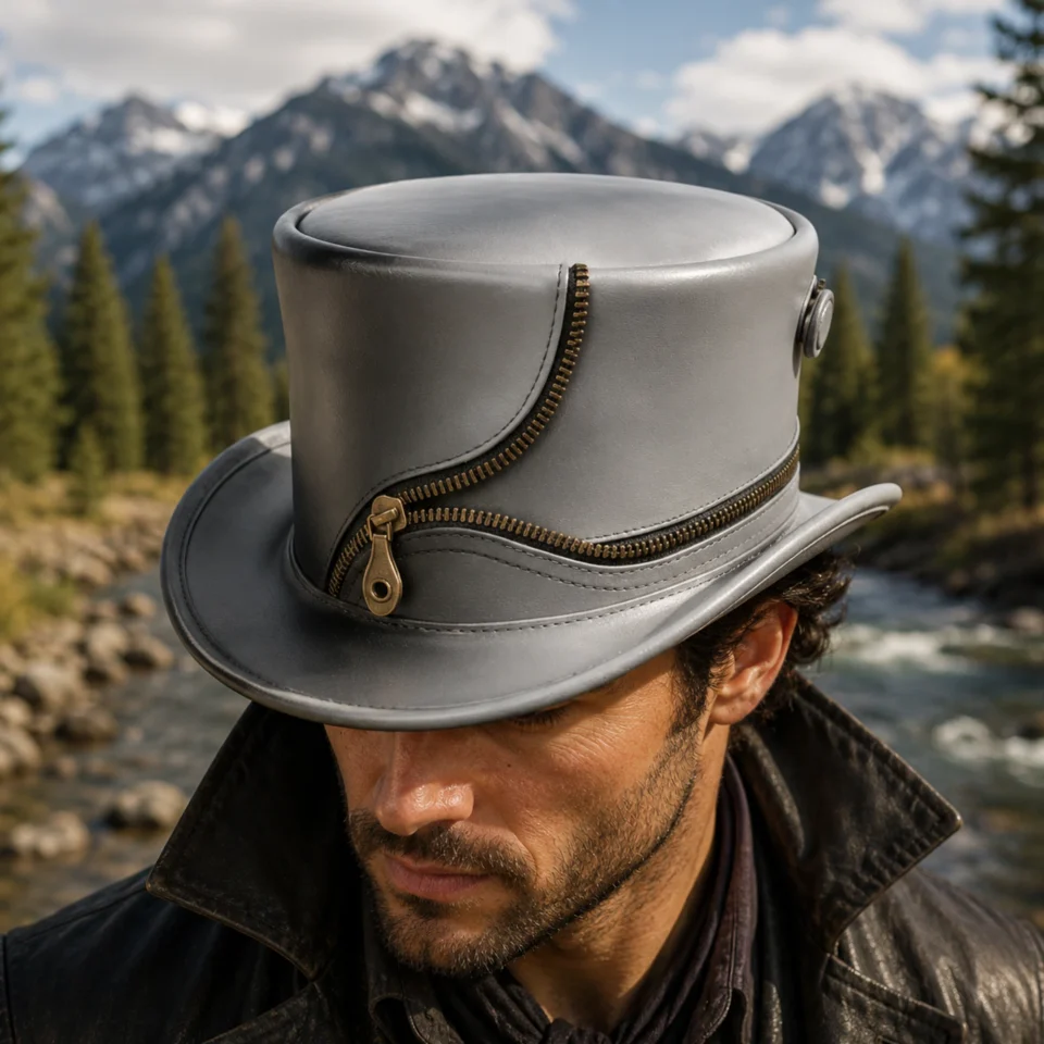 Gray Top Hat with Zipper Detail front view - gray / silver-black tall top hat / western top hat