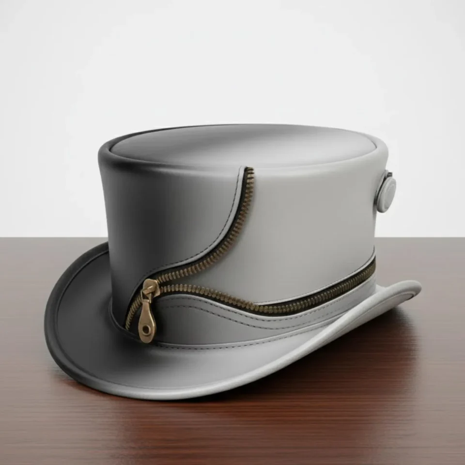 Gray Top Hat with Zipper Detail side view - gray / silver-black tall top hat / western top hat